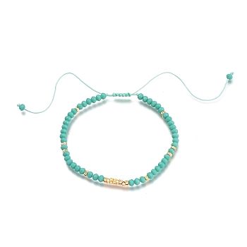 Adjustable Nylon Thread Braided Bead Bracelets, with Faceted Glass Beads and Real 18K Gold Plated Brass Beads, Rondelle, Dark Cyan, Inner Diameter: 1-3/4~3-5/8 inch(4.6~9.3cm)