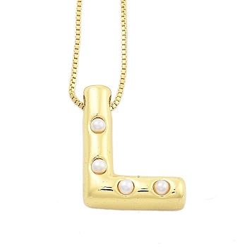 Brass & Plastic Pearl Letter Pendant Box Chain Necklaces for Women, Real 18K Gold Plated, Letter L, 17.64 inch(44.8cm)