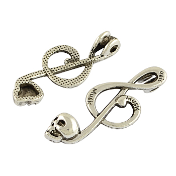 Tibetan Style Alloy Treble Clef with Skull Pendants, Cadmium Free & Lead Free, Antique Silver, 39x15x6mm, Hole: 3x2mm