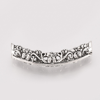 Tibetan Style Alloy Tube Beads, Cadmium Free & Lead Free, Curved Tube with Flower, Antique Silver, 32x6mm, Hole: 3mm