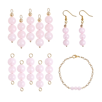 10Pcs Triple Natural Rose Quartz Round Beaded Connector Charms, with Golden 304 Stainless Steel Ball Head Pins & Iron Eye Pin & Brass Beads, 30.2~30.3x8mm, Hole: 2mm