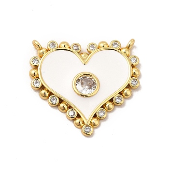 Rack Plating Brass Micro Pave Clear Cubic Zirconia Connector Charms, Heart Links with Enamel, Cadmium Free & Lead Free, Real 18K Gold Plated, Long-Lasting Plated, White, 19.5x21.5x2mm, Hole: 1mm