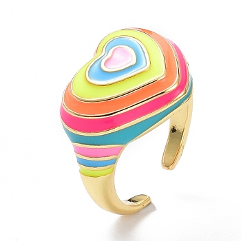 Brass Enamel Cuff Rings, Real 18K Gold Plated, Long-Lasting Plated, Heart, Colorful, US Size 6 1/2(16.9mm), 2.5~5mm