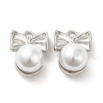 ABS Pearl Pendants, with Rack Plating Alloy Findings, Bowknot, Platinum, 18.5x13.5x11mm, Hole: 2.4mm