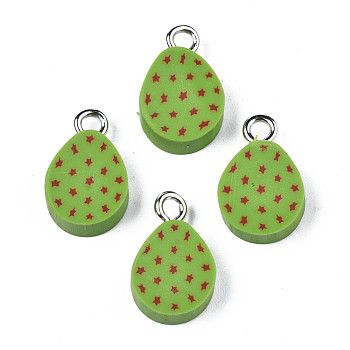 Handmade Polymer Clay Charms, with Platinum Tone Iron Loop, Easter Egg, Yellow Green, 14.5x9.5x4mm, Hole: 2mm