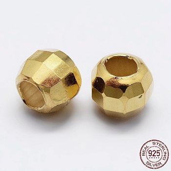 925 Sterling Silver Beads Spacer, Faceted, Round, Real 18K Gold Plated, 6x5mm, Hole: 3mm