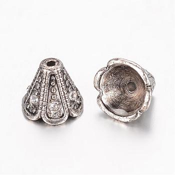 Tibetan Style Alloy Bead Caps, with Rhinestone, 4-Petal Flower, Antique Silver, 10.5x9mm, Hole: 1mm