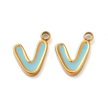 304 Stainless Steel Enamel Charms, Real 14K Gold Plated, Letter, Letter V, 8x7x1.3mm, Hole: 1.2mm