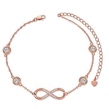 SHEGRACE 925 Sterling Silver Link Anklets, with Grade AAA Cubic Zirconia, Flat Round and Infinity, Rose Gold, 8-1/4 inch(21cm)