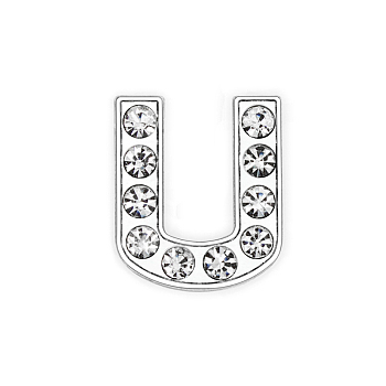 Eco-Friendly Zinc Alloy Slide Charms, with Rhinestone, Platinum Plated, Letter, Crystal, Letter.U, 12mm, Hole: 1.5x7.9mm