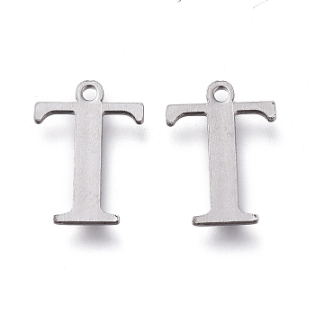 304 Stainless Steel Charms, Laser Cut, Alphabet, Stainless Steel Color, Letter.T, 12x9x0.8mm, Hole: 1mm