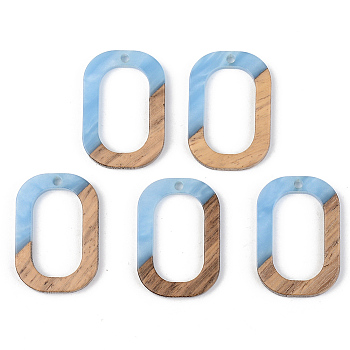 Opaque Resin & Walnut Wood Pendants, Oval Ring, Cornflower Blue, 28x19.5x3mm, Hole: 2mm