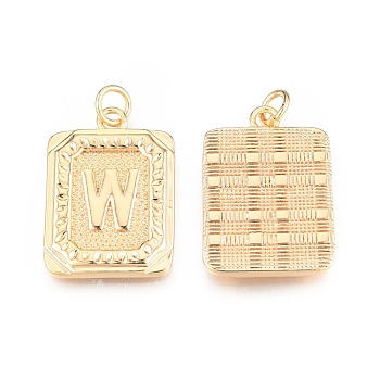 Brass Pendants, with Jump Rings, Cadmium Free & Nickel Free & Lead Free, Rectangle with Letter, Real 18K Gold Plated, Letter.W, 22.5x16x2mm, Jump Ring: 5x1mm, 3mm inner diameter