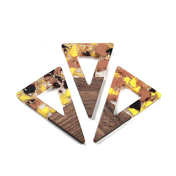 Walnut Wood Pendants, Resin and Gold foil, Triangle, Yellow, 45x30x3.5mm, Hole: 2mm