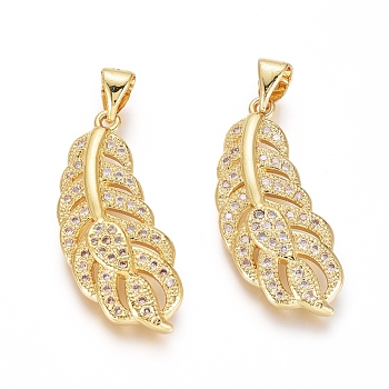 Brass Micro Pave Clear Cubic Zirconia Pendants, Feather, Golden, 26x11x3mm, Hole: 5x3mm