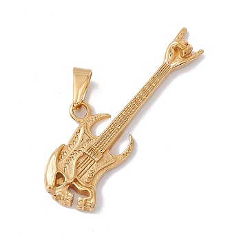 Vacuum Plating 304 Stainless Steel Big Pendants, Musical Instrument Charm, Electric Guitar, Golden, 59.5x21.5x4mm, Hole: 10x4.5mm