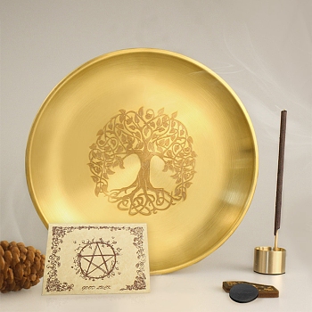 Tree of Life Pattern Flat Round 201 Stainless Steel Candle Holders, with Magnet, Pentacle Parchment Paper, 9-Hole Incense Holder, Home Tabletop Centerpiece , Golden, 14.5x14.5x1.7cm