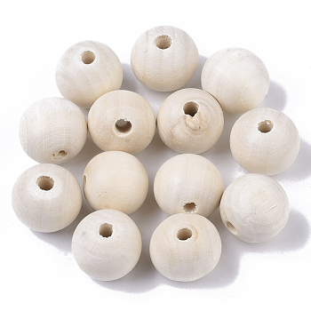 Unfinished Natural Wood Beads, Macrame Beads Large Hole, Waxed Wooden Beads, Smooth Surface, Round, Floral White, 20mm, Hole: 4mm