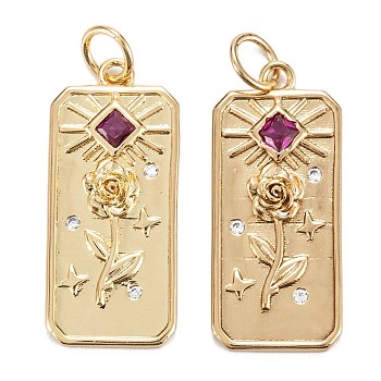 Brass Micro Pave Cubic Zirconia Pendants, Long-Lasting Plated, Rectangle with Rose Flower, Sun & Star, Real 18K Gold Plated, 23x10.5x2mm, Hole: 3.4mm, Jump Ring: 5x0.8mm