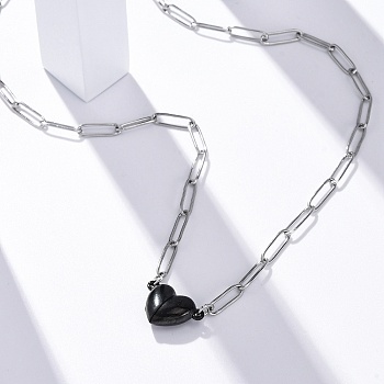 304 Stainless Steel Double-Sided Magnetic Heart Pendant Paperclip Chain Necklaces, Black, 18.31 inch(46.5cm)