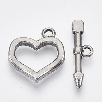 304 Stainless Steel Toggle Clasps, Heart, Stainless Steel Color, Heart: 20x18x3mm, Hole: 2mm, Bar: 23.5x7x3mm, Hole: 1.8mm