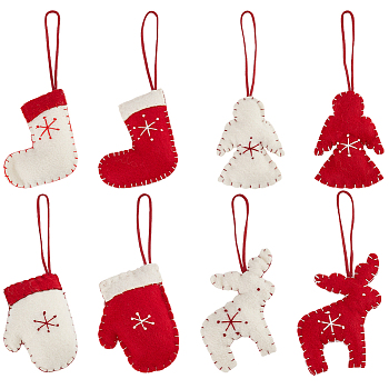 8Pcs 8 Style Felt Fabric Pendant Decoration, with Cotton Rope, for Christmas Tree Ornaments, Gloves/Angel/Sock/Reindeer, Mixed Patterns, 156~182mm, 1pc/style