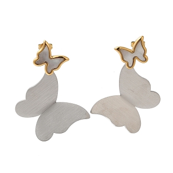 Titanium Steel Stud Earrings for Women, with Shell, Butterfly, Real 18K Gold Plated & Stainless Steel Color, 47.5x35.5mm