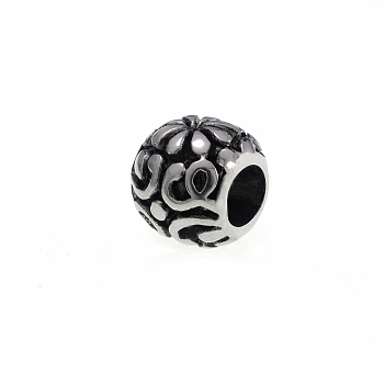 304 Stainless Steel European Beads, Large Hole Beads, Drum with Flower, Antique Silver, 10x10.5mm, Hole: 5mm