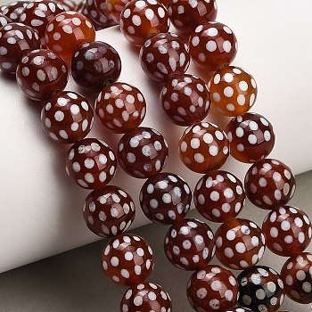 Tibetan Style dZi Beads Strands, Natural Agate Smooth Round Beads with Dots Pattern, Dyed & Heated, Dark Red, 10~10.5mm, Hole: 1.2mm, about 35pcs/strand, 13.78''(35cm)
