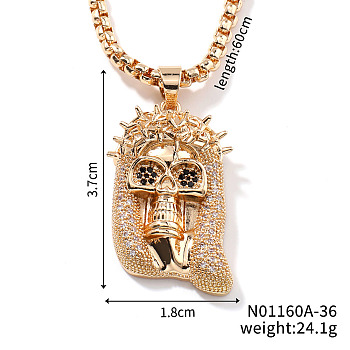 Brass Crystal Rhinestone Skull Crowned Jesus Pendant Box Chain Necklaces, Golden, 23.62 inch(60cm)