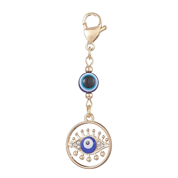 Evil Eye Alloy Enamel with Rhinestone Pendant Decoration, Resin Beads and 304 Stainless Steel Lobster Claw Clasps, Flat Round, 59mm