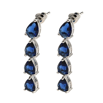 Rack Plating Platinum Tone Brass Glass Studs Earrings for Women, Teardrop, Dark Blue, 41x7mm