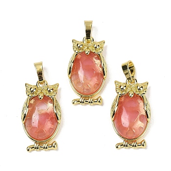 Cherry Quartz Glass Pendant, with Brass Findings,  Lead Free & Cadmium Free, Long-Lasting Plated, Owl, 28.5x15.5x7mm, Hole: 5x8mm