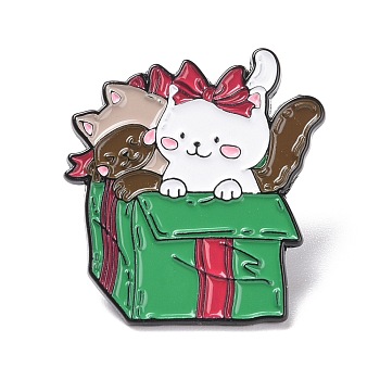 Cat and Gift Box Enamel Pin, Cartoon Alloy Badge for Backpack Clothes, Electrophoresis Black, Colorful, 30x28x1.5mm, pin: 1.3mm
