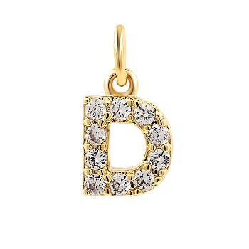 Brass Cubic Zirconia Pendants with Jump Rings, Real 18K Gold Plated, Letter D, 13.5x8.9x2.2mm, Hole: 2.8mm
