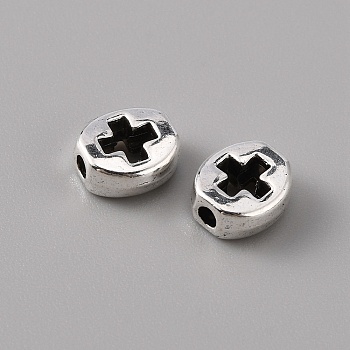 Alloy Beads, Oval with Cross, Antique Silver, 7.5x8.5x3.5mm, Hole: 1.8mm