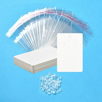 30Pcs Rectangle Paper One Pair Earring Display Cards with Hanging Hole, Jewelry Display Card for Pendants and Earrings Storage, with 30Pcs OPP Cellophane Bags and 60Pcs Plastic Ear Nuts, White, Card: 9x6x0.06cm, Hole: 6mm and 1.6mm