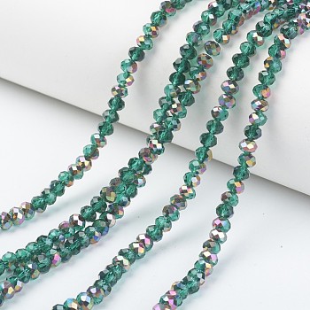 Electroplate Transparent Glass Beads Strands, Half Rose Gold Plated, Faceted, Rondelle, Dark Cyan, 4x3mm, Hole: 0.4mm, about 123~127pcs/strand, 16.5~16.9 inch(42~43cm)