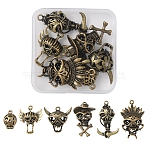6Pcs 6 Styles Halloween Alloy Pendants, Skull, Antique Bronze, 24~48x16~33.5x9~14mm, Hole: 2.5mm, 1pc/style(FIND-FS0001-47)