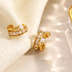 C-Shaped 304 Stainless Steel Clear Cubic Zirconia Stud Earrings, with Plastic Imitation Pearl, Golden, 15.5x8mm(EJEW-K330-01G)