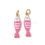 304 Stainless Steel Enamel Pendants, Sardine Fish Charm, with Jump Ring, Ion Plating(IP), Real 18K Gold Plated, Hot Pink, 18.5x5x2mm, Hole: 3mm(STAS-P394-05G-01)