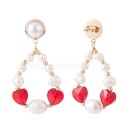 Teardrop Beaded Dangle Stud Earrings for Girl Women, Red Heart Beads Earrings, Glass & Natural Pearl Beads Drop Earrings, Colorful, 56mm, Pin: 0.9mm(EJEW-TA00023)