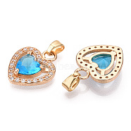 Faceted Glass Charms, with Brass Micro Clear Cubic Zirconia Findings, Heart, Light Gold, Deep Sky Blue, 17x14x4mm, Hole: 4.5x2.5mm(GLAA-S193-033)