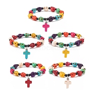 Natural Mashan Jade Skull Beaded Stretch Bracelet with Synthetic Turquoise(Dyed) Cross Charm, Gemstone Jewelry for Women, Mixed Color, Inner Diameter: 2-1/8 inch(5.5cm)(BJEW-JB08372)
