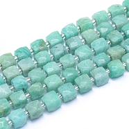 Natural Amazonite Beads Strands, Faceted, Cube, Alice Blue, 9~10.5x9~10.5x9~10.5mm, Hole: 1mm, about 32pcs/strand, 15.55 inch(39.5cm)(G-L552D-11B)