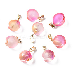 Two Tone Transparent Spray Painted Glass Pendants, with Golden Plated Iron Bails and Gold Foil, Frosted, Peach, Pearl Pink, 16~17x11~12x11~12mm, Hole: 6x2mm(X-GLAA-N035-015-C02)