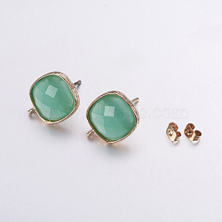 Brass Micro Pave Cubic Zirconia Stud Earring Findings, with Loop, Glass, Faceted, Square, Light Gold, Pale Green, 17mm, Hole: 1mm, Pin: 0.7mm(ZIRC-G123-02E-A)