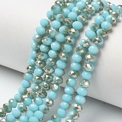Electroplate Opaque Solid Color Glass Beads Strands, Half Plated, Rainbow Plated, Faceted, Rondelle, Dark Turquoise, 8x6mm, Hole: 1mm, about 65~68pcs/strand, 15.7~16.1 inch(40~41cm)(EGLA-A034-P8mm-K12)