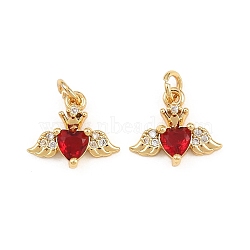 Brass Micro Pave Cubic Zirconia Charms, Heart with Wing Charms, Real 18K Gold Plated, Crimson, 10x12x3.5mm, Hole: 2.3mm(KK-Q085-11G-01)
