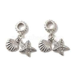 Rack Plating Alloy Crystal Rhinestone European Dangle Charms, Shell Shape & Starfish Large Hole Pendants, Lead Free & Cadmium Free, Platinum, 28mm, Hole: 4mm(FIND-H005-01P)